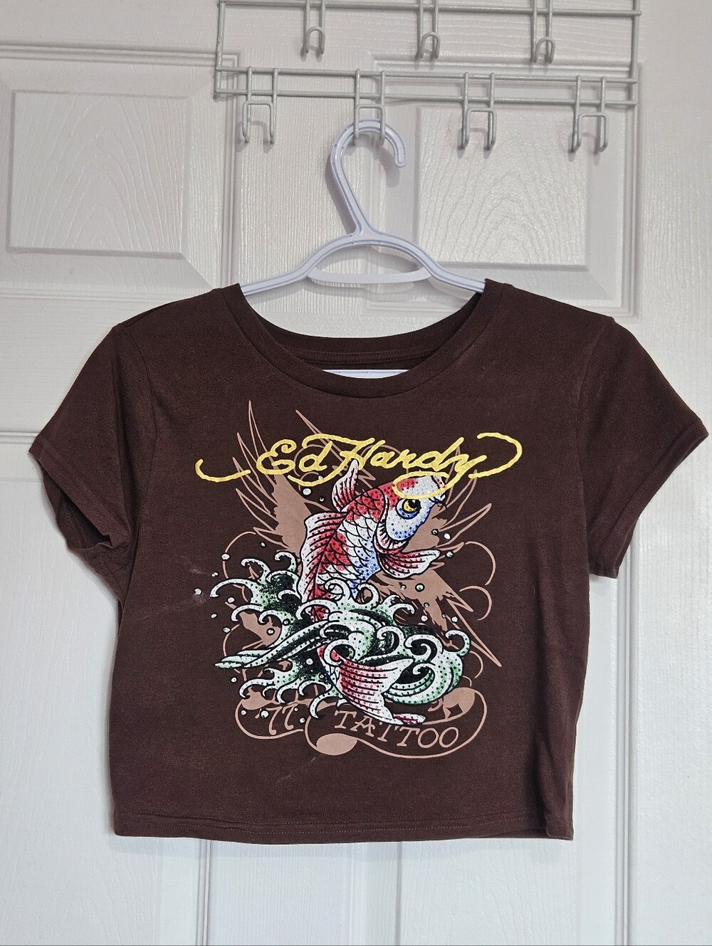 Ed Hardy Brown Crop Tee with Rhinestone Koi Graphic